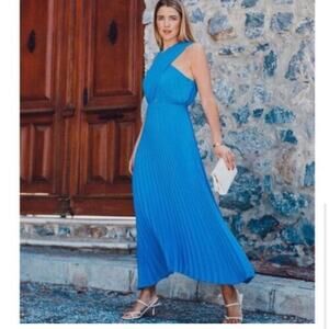 Zara Blue Wrapped Pleated Cross-Neck Halter Dress Size Medium